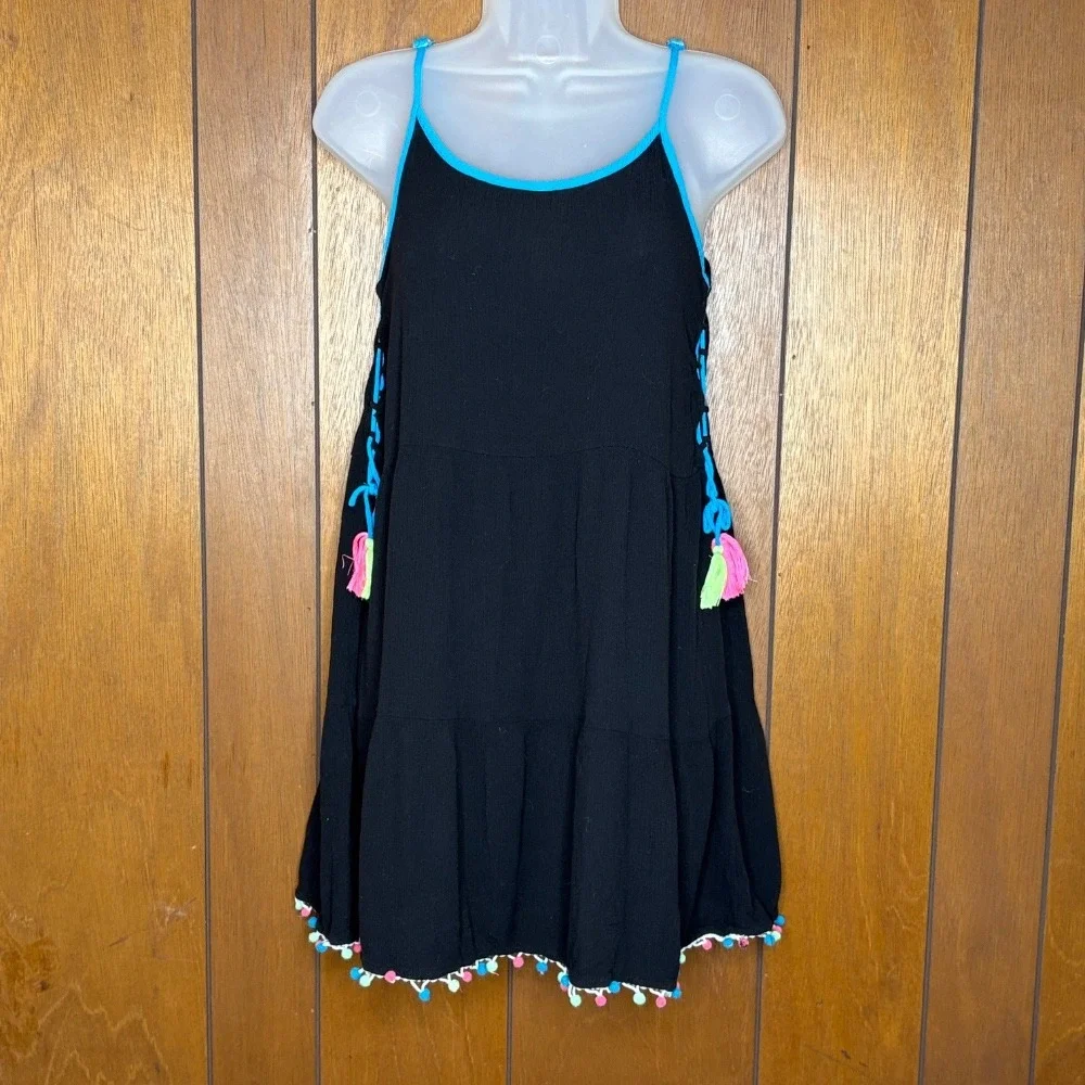 Justice Girls Dress 14 16 Black Tassel Pom Pom Side Laceup Beach Coverup Boho